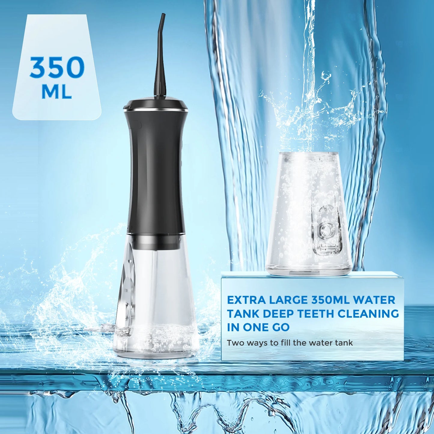 Portable Dental Water Flosser – 350ml Tank, 5 Modes, USB Rechargeable Oral Irrigator with 4 Replacement Tips (Black)