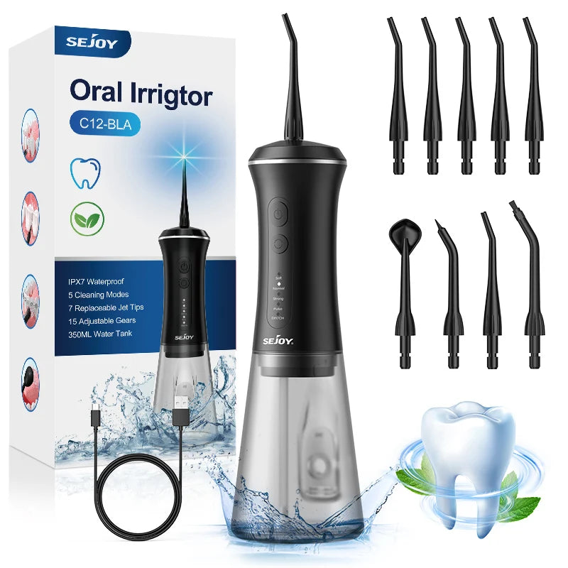 Portable Dental Water Flosser – 350ml Tank, 5 Modes, USB Rechargeable Oral Irrigator with 4 Replacement Tips (Black)