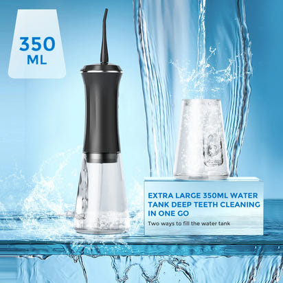 Portable Dental Water Flosser – 350ml Tank, 5 Modes, USB Rechargeable Oral Irrigator with 4 Replacement Tips (Black)