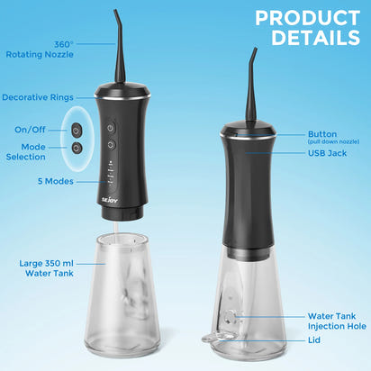 Portable Dental Water Flosser – 350ml Tank, 5 Modes, USB Rechargeable Oral Irrigator with 4 Replacement Tips (Black)