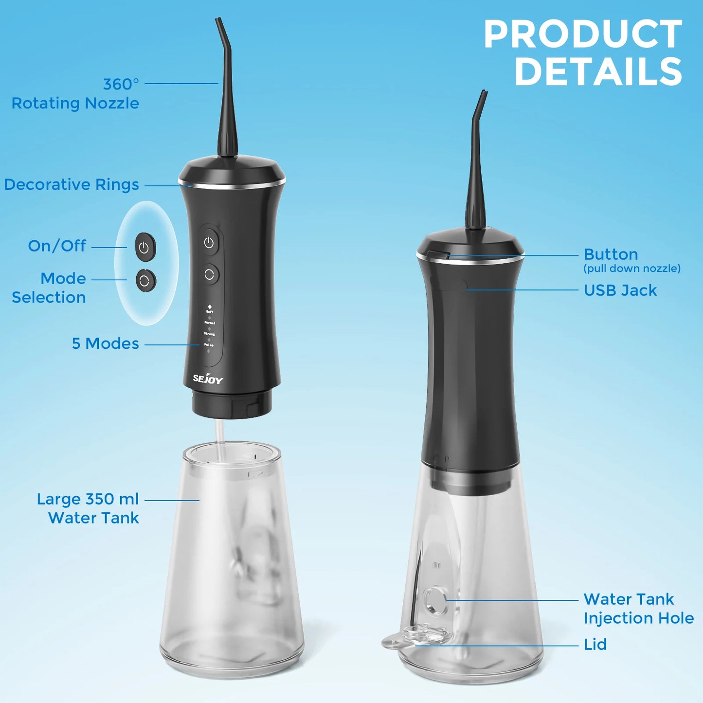 Portable Dental Water Flosser – 350ml Tank, 5 Modes, USB Rechargeable Oral Irrigator with 4 Replacement Tips (Black)